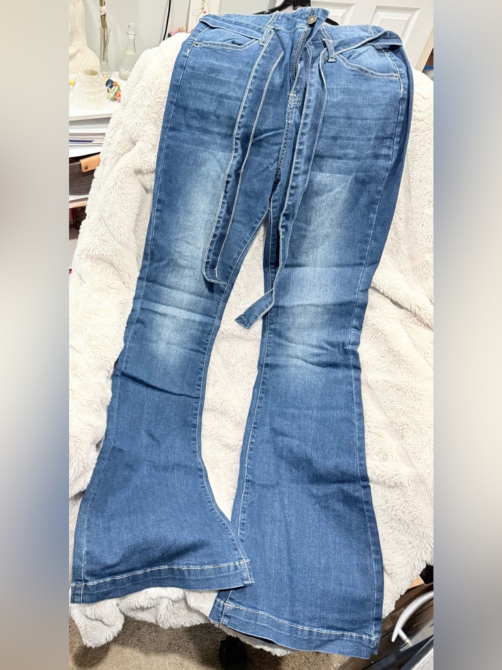Women's Mid-Blue Flare Jeans with Tie Waist
